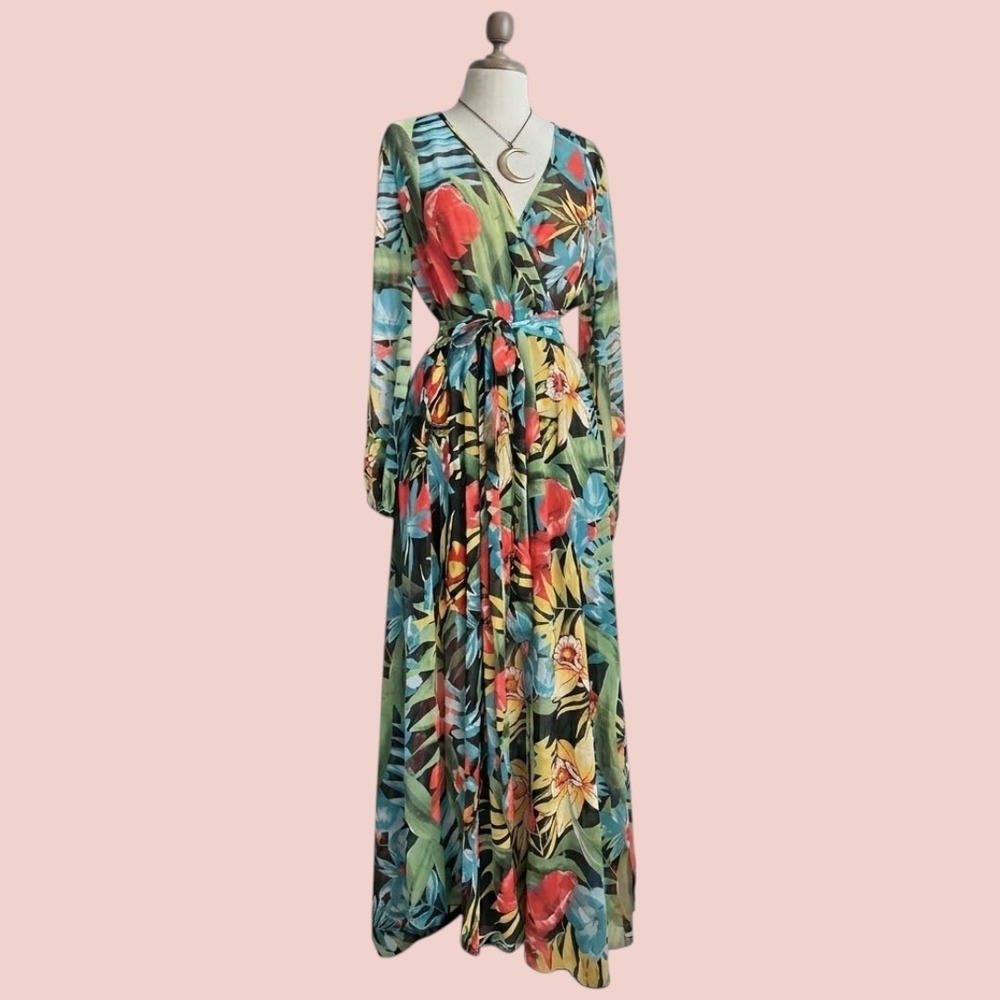 Tropical Floral Wrap Maxi Dress - Green Multi